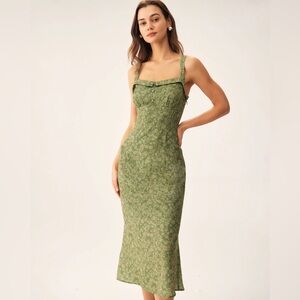 Rihoas Green Floral Square Neck Slip Midi Dress